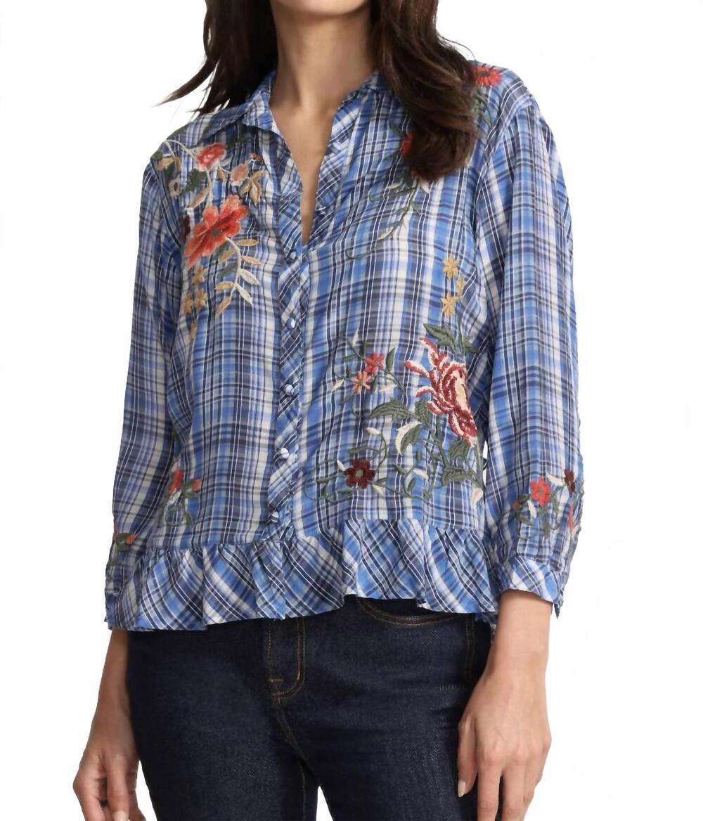 NEW JOHNNY WAS peplum ruffle hem shirt in diana plaid